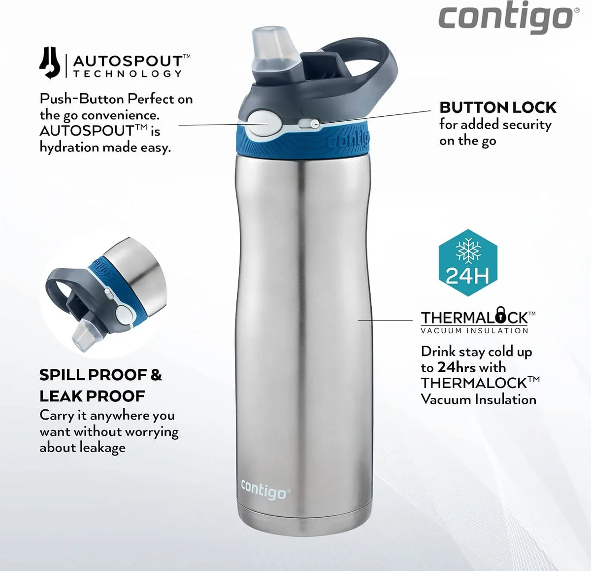 Contigo Ashland Chill Autospout Water Bottle with Flip Straw, Stainless Steel Thermal Drinking Bottle,Leakproof,Grey, BLue, 590 ml