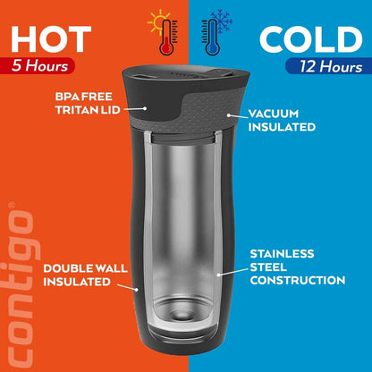 Contigo West Loop Autoseal Travel Mug, Stainless Steel Thermal Mug, Vacuum Flask, Leakproof Tumbler, Coffee Mug with BPA-Free Easy-Clean Lid